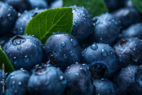 Fresh blueberries with water drops close up. Blueberry background.