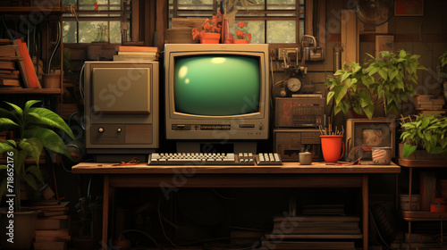 Old computer in 90s in office room background .