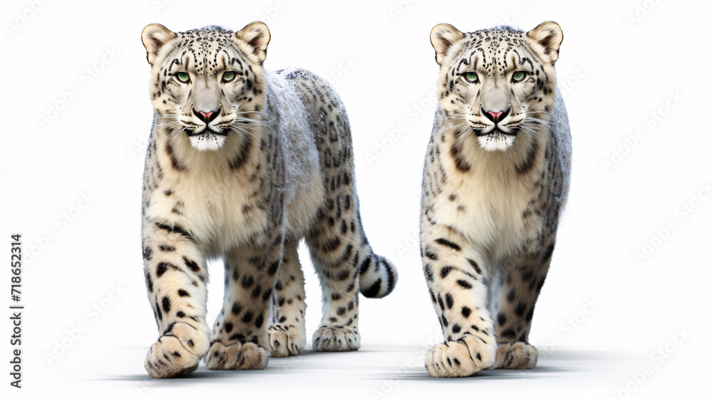 3D rendering of a snow leopard couple isolated on white background 3D rendering of a snow leopard couple isolated on white background