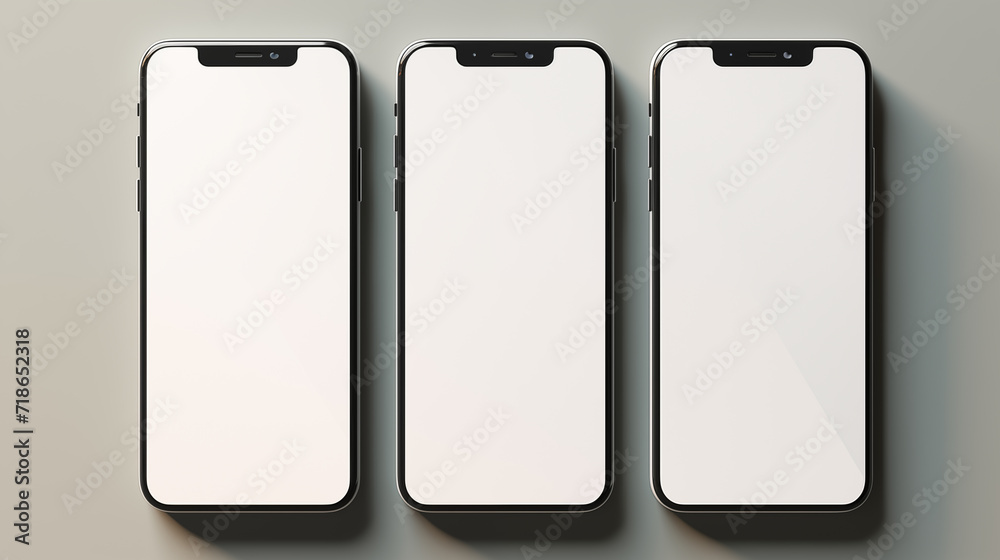 Three white screen mock up mobile phones are in a gray background. Three white screen mock up mobile phones are in a gray background.