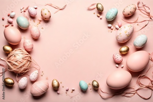 Blush pink setting with intricate Easter decorations and a variety of eggs, creating an enchanting space for your celebratory text. cute, little, micro, tiny