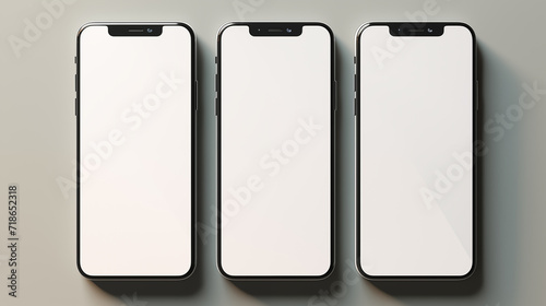 Three white screen mock up mobile phones are in a gray background.