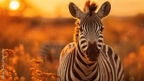 A zebra is walking in the field  at sunset.