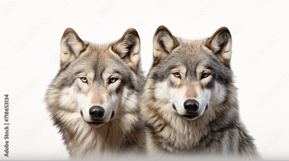 Two wolves in front of a white background, studio shot, front view Two wolves in front of a white background, studio shot, front view