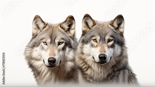 Two wolves in front of a white background  studio shot  front view