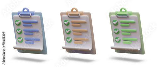 Set of 3D clipboards in inclined position. List with ticks in checkboxes. Completed questionnaire. Passed test, contract, agreement, list of completed works