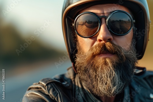 Portrait of a brutal senior male biker in a helmet and glasses on the road photo