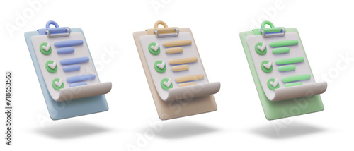 Set of realistic clipboards with lists of different colors. Web templates for selection options. 3D model, angle view. Various tasks, questionnaires. Isolated illustrations with shadows