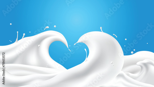 Abstract milk waves with heart shape on blue background, vector illustration and design.
