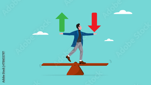 Loss and gain on investment, profits and losses in buying and selling shares or cryptocurrencies, investor people balances loss and gain arrow on seesaw with bots hand concept vector illustration
