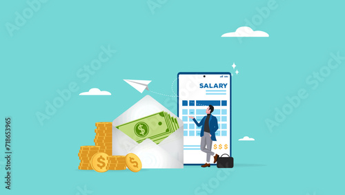 online salary payment system, online income calculate and automatic payment, office accounting administrative or calendar pay date, smart businessman standing with online salary payroll smart phone