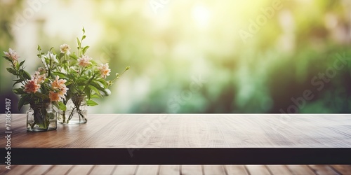 Empty table with blurred window background for decorating and indoor copy space.