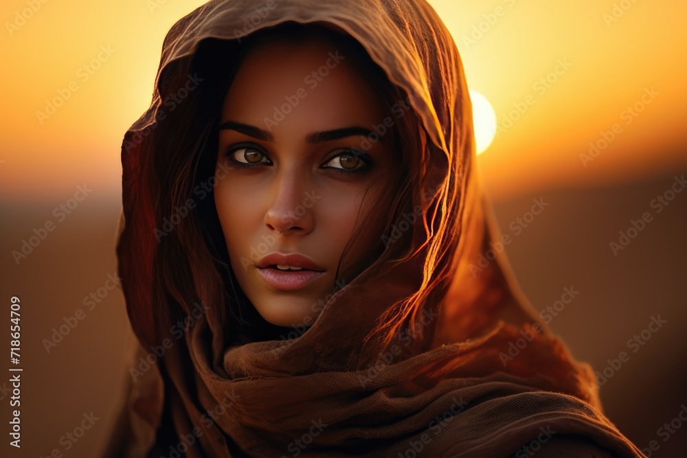Portrait of a young Muslim woman in a hijab in the desert against the sunset, Ai generated Portrait of a young Muslim woman in a hijab in the desert against the sunset, Ai generated