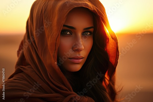 Portrait of a young Muslim woman in a hijab in the desert against the sunset, Ai generated