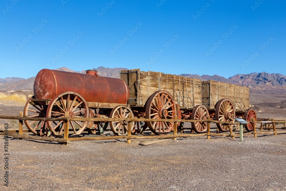 Twenty Mule Team Wagon Trail Vintage Exhibit, Famous Harmony Borax Works Landmark.  Death Valley National Park Desert Landscape California USA
