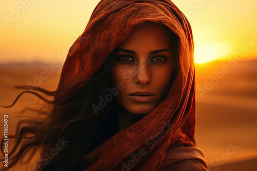 Portrait of a young Arabic woman in a hijab in the desert against the sunset, Arabian women face the sunset Ai generated