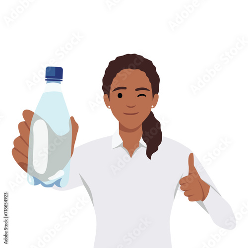 Healthy young woman showing bottle of mineral water and give thumb up. Flat vector illustration isolated on white background
