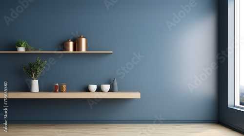 Mockup dark blue wall in kitchen and minimalist interior design. photo