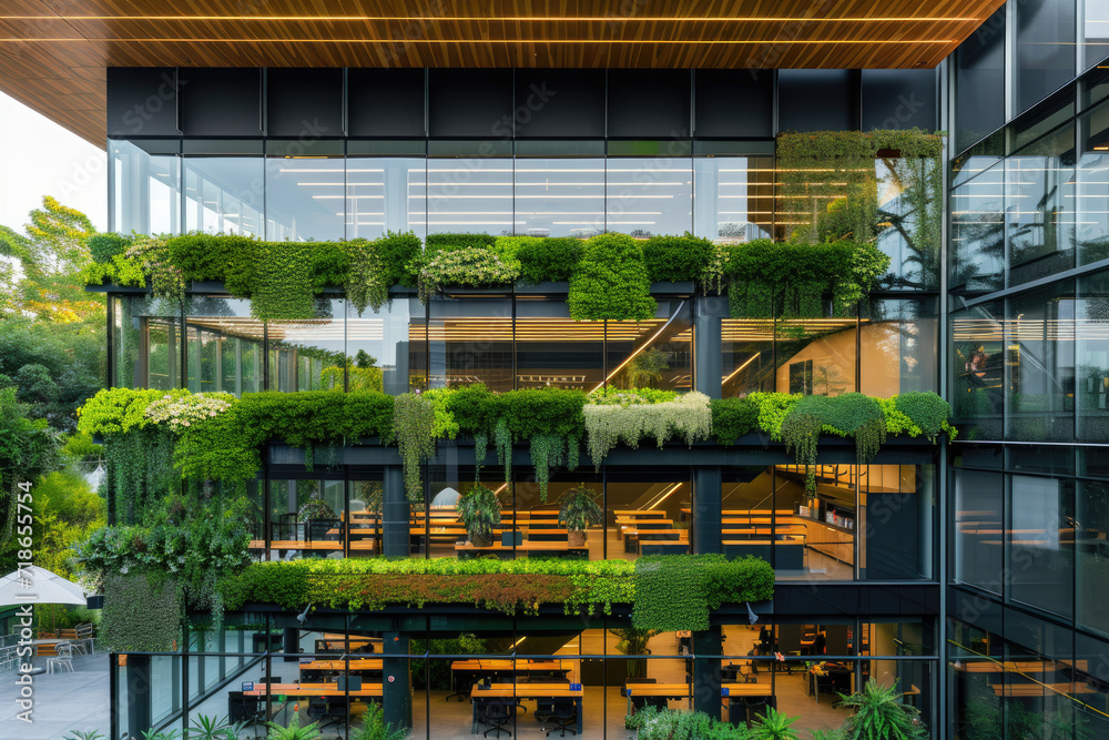 Modern environmentally friendly building. Sustainable glass office with wood and many plants to reduce carbon