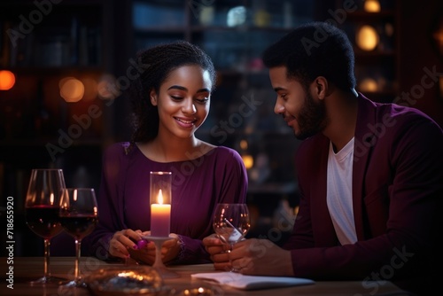 Amidst a warm restaurant ambiance, a happy couple in love shares smiles and laughter, their connection evident in the joyous atmosphere of shared moment and romantic bliss