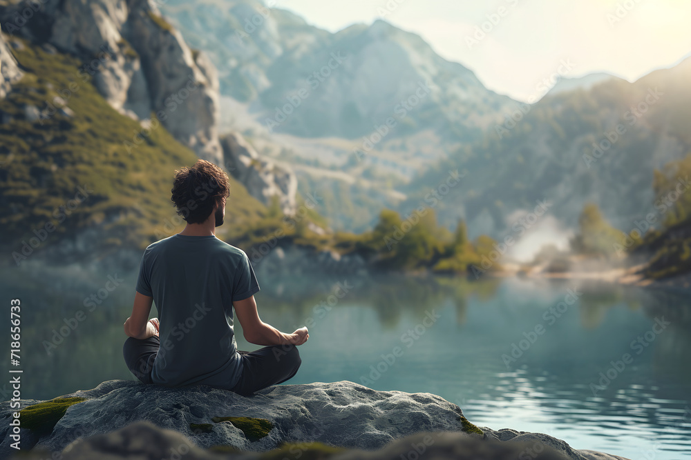 a man is meditating with mindfulness among the peaceful natural environment