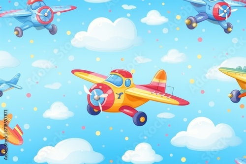 watercolor background of colorful airplanes in the clouds