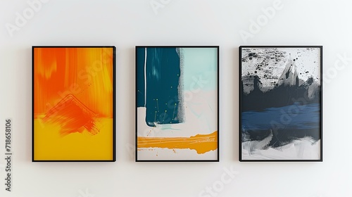 three abstract artworks in frames on a white wall  interior design