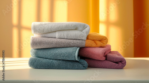 towels on the booth, different colors, high saturation, strong color contrast, Japanese style, warm and bright images, simple and clean, minimalist background, light effects, warm light, 35mm focal le