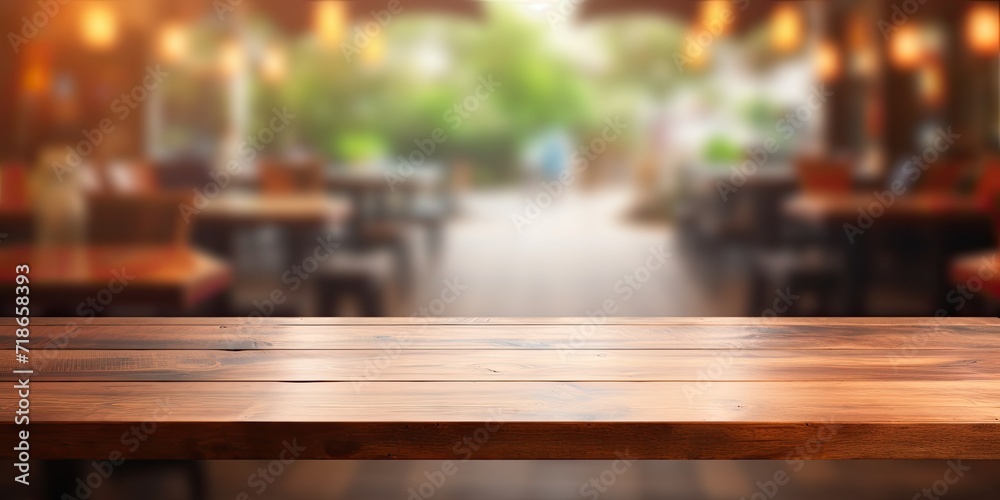 Use blurred restaurant background and empty wooden table as display or for product montage.