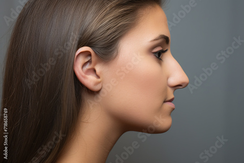 Side view of young woman with bumpy aquiline nose in front of gray background photo