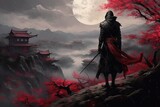 Illustration of a samurai with a red tree background and the moon behind him. generative AI