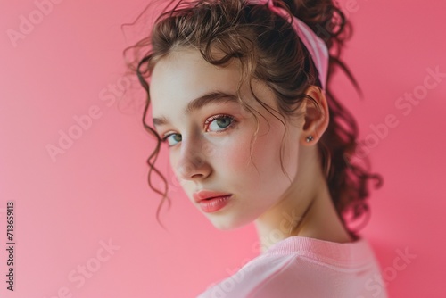 A young girl model exudes charm and style against a pastel pink backdrop, her fashionable presence creating a visually appealing and chic image.