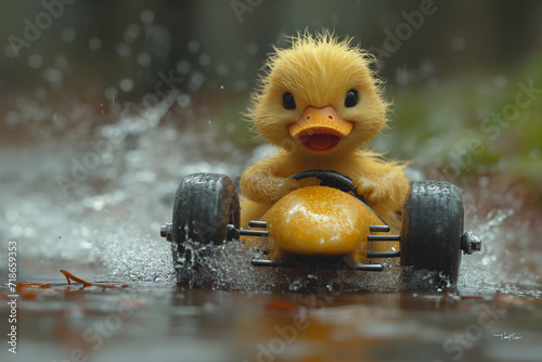 Funny Duck Races a Yellow Vintage Car Through a Giant Puddle