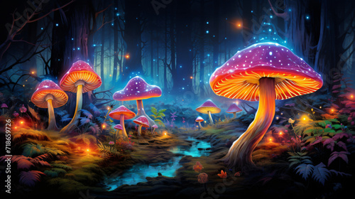 Fluorescent mushrooms in a magical forest