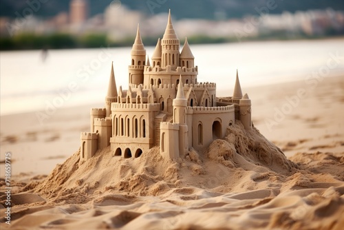 Majestic sand castle standing on a beautiful beach, with the blue ocean in the background