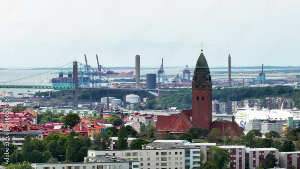 Scenic aerial view of the Old Town with Oscar Fredrik Church in the gorgeous sunset, Gothenburg, Sweden. rooftops panoramic view, Klippan port in Gothenburg harbor in afternoon, Famous bridge Scenic aerial view of the Old Town with Oscar Fredrik Church in the gorgeous sunset, Gothenburg, Sweden. rooftops panoramic view, Klippan port in Gothenburg harbor in afternoon, Famous bridge