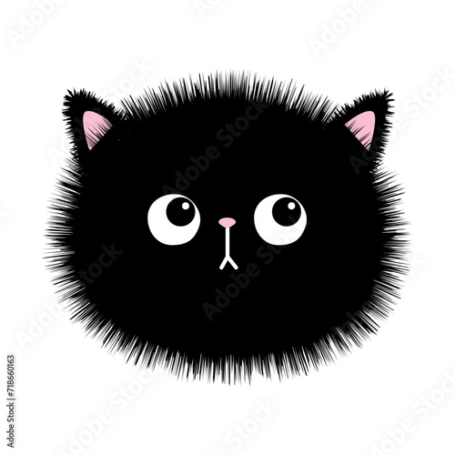 Black fluffy fur cat round sad face head silhouette icon. Cute cartoon funny baby pet character. Funny kawaii doodle animal. Sticker print. Flat design. White background. Isolated.