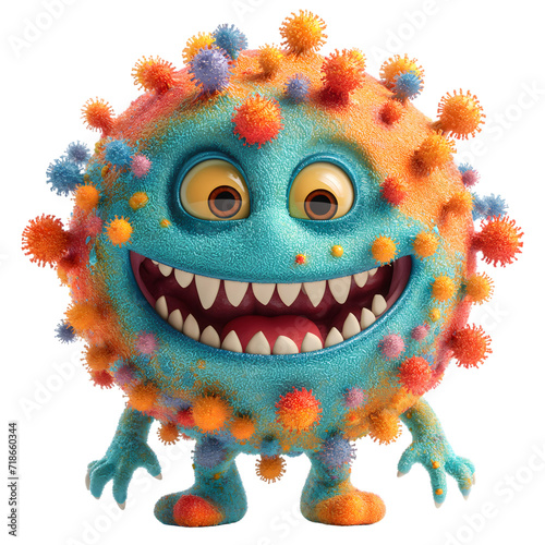 Isolated 3d cartoon bacteria, funny microbe and virus, cute microorganism on a white background. A parody, a caricature. The illustration is isolated on 