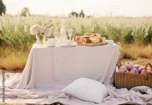  basket with bread for picnic in the field with lavender