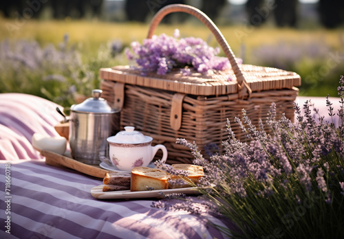  basket with bread for picnic in the field with lavender