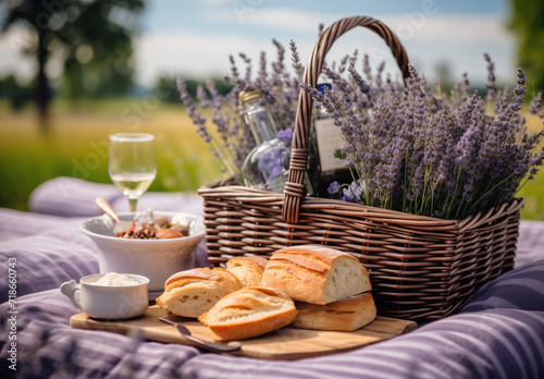  basket with bread for picnic in the field with lavender