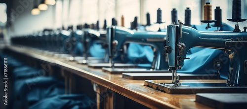 rows of blue sewing machines in a clothing factory. generative AI photo