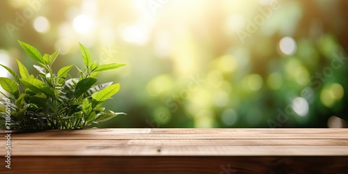 Indoor wooden table with sunlight  blurry green garden  ideal for product or food display and montage.