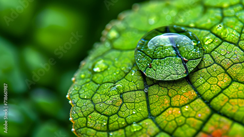 A close-up of a water droplet on a leaf, magnifying the intricate network of veins, showcasing the delicate balance between life, water, and nature's design