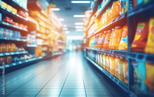 Photo of packaged products in a supermarket that provides a variety of daily necessities. generative AI