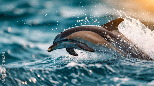 A splash of water explodes from a playful dolphin's leap, freezing the exuberant moment in time, showcasing the dynamic energy and grace of marine life