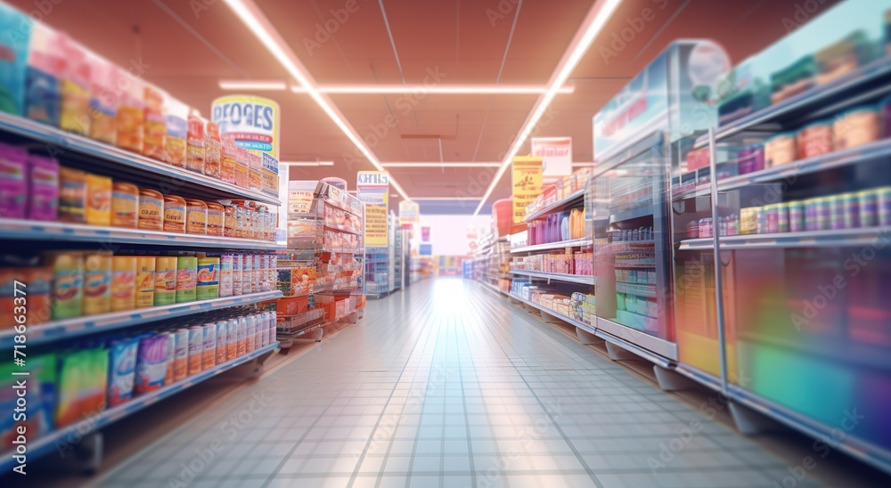 Photo of a supermarket selling various kinds of products with bright light and blur effect. generative AI