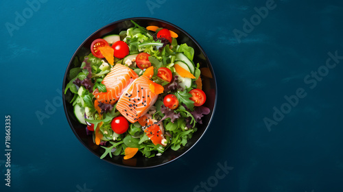 Fresh salad with salmon and vegetables. Top view