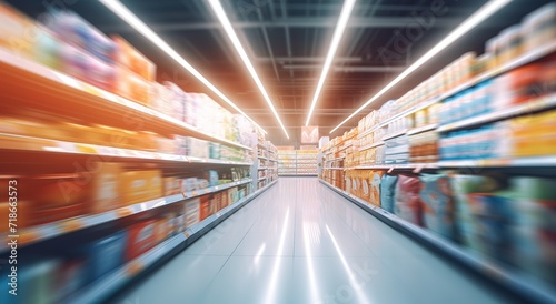 Photo of a supermarket selling various kinds of products with bright light and blur effect. generative AI © original logo