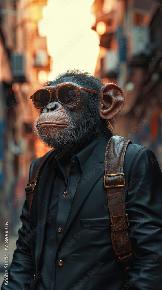 Suave monkey navigates city streets with tailored finesse, embodying street style. The realistic urban backdrop frames this fashionable primate, seamlessly merging the wild with contemporary elegance 